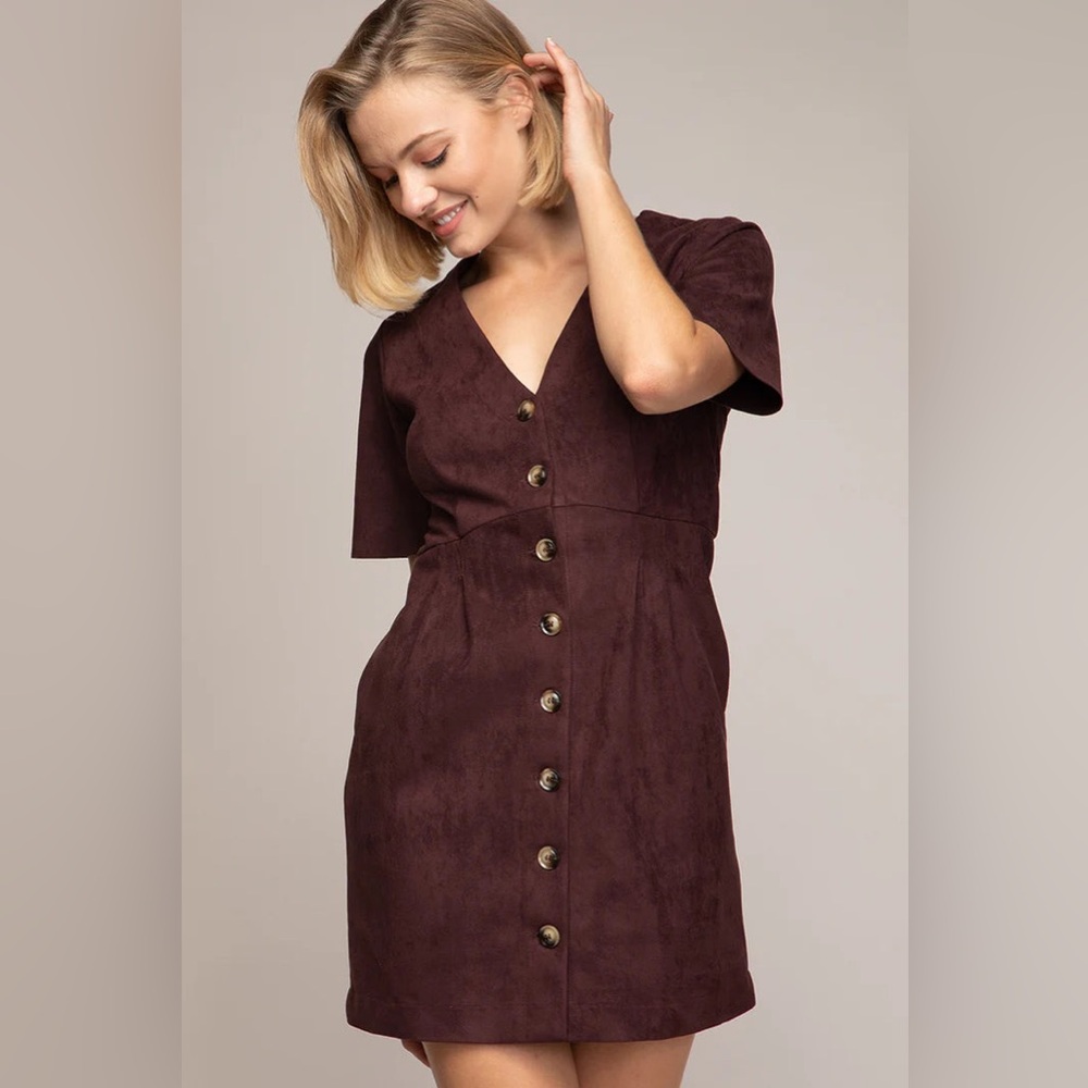 Naked Zebra Suede Wine Button Down Dress with Pockets